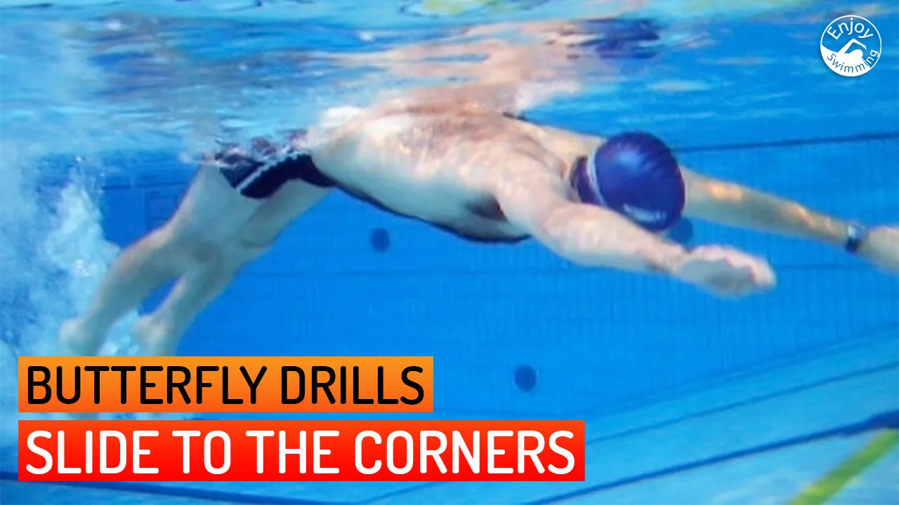 A swimmer practicing the Slide to the Corners drill for the butterfly stroke.