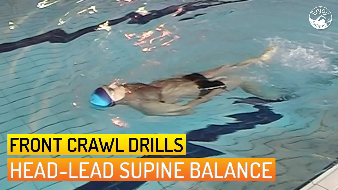 A novice swimmer who practices the head-lead supine balance drill for the front crawl stroke.