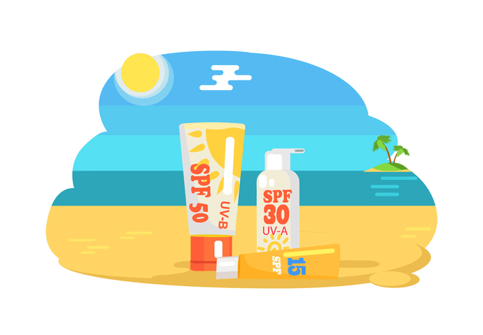 A drawing of a set of sunscreen bottles with a high sun protector factor and with a beach and the sea in the background.