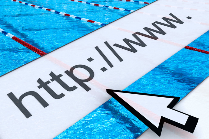 A picture symbolizing swimming resources on the Internet: An Internet web address in the foreground and a public swimming pool in the background.